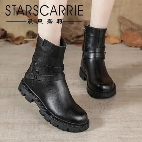 2021 winter new first layer cowhide British mid-tube boots retro leather women boots non-slip thick-soled riding boots women