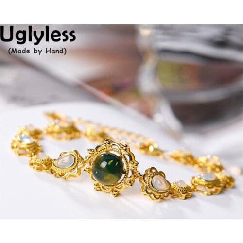 Uglyless New Luxury Blue Perot Amber Bracelets for Women Vintage Palace Design Gold Bracelets 925 Silver Turquoise Opal Jewelry