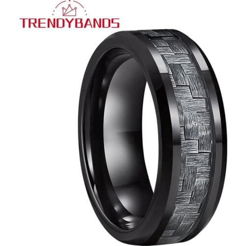 6MM 8MM Black Tungsten Ring Wedding Band For Men And Women With Grey Carbon Fiber Inlay Polished Shiny Comfort Fit