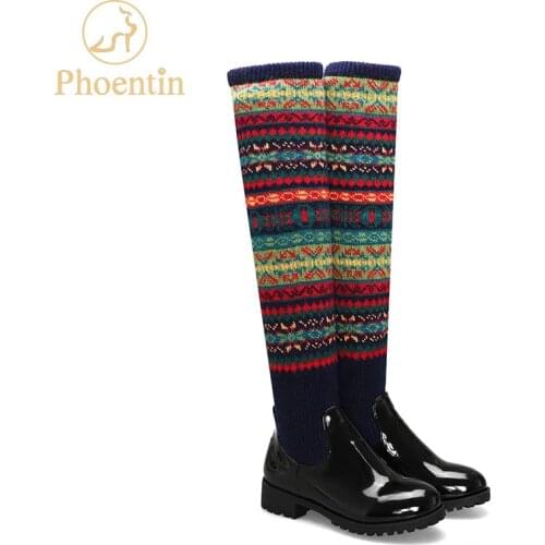 Phoentin 2019 colorful knee high sock boots patchwork stretchable women boots flat heels round toe slim female shoes FT698