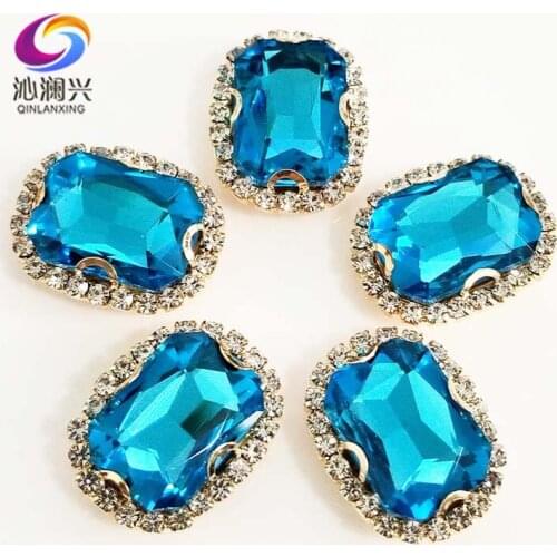 Gold bottom Lake blue Rectangle shape top quality glass crystal buckle,sew on rhinestones for diy jewelry accessories SWCBG13