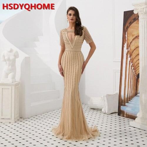 HSDYQHOME Sexy Front V Cut-out Illusion Evening Dress Mesh Short Sleeve Shiny Crystal Stripe 2019 New Mermaid Party Gown