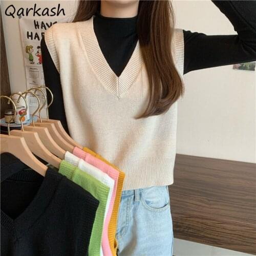 Sweater Vest Women Lovely Candy Color V-neck Preppy Girls Cropped Knitwear Spring Autumn All-match Ulzzang Fashion Ins Ladies