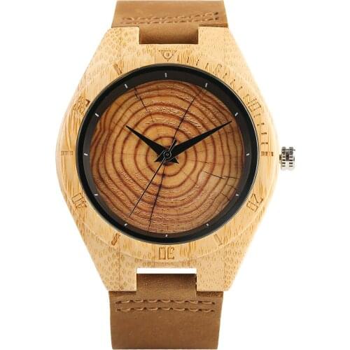 Growth Ring Dial Women Bamboo Wood Watch Brown Geunine Leather Strap Men Female Wooden Quartz Watches Handmade Wood Clock Reloj