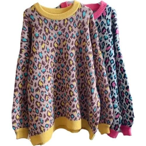 Round Neck Sweater Bubble Long Sleeve Loose Wild Warm Thickening Sweater Leopard Print Womens Pullover 2021 Fall Winter