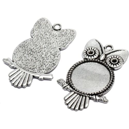 10pcs/lot Antique Bronze Owl Pendant Settings Cabochon Base Bezel Trays Blank Fit 20mm Glass Cabochons DIY Necklace Making