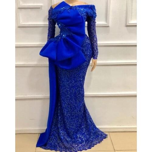 Sparkly Royal Blue Evening Pageant Dresses with Long Sleeve Big Bow Sequins Mermaid Arabic Dubai soirée de mariage prom gown