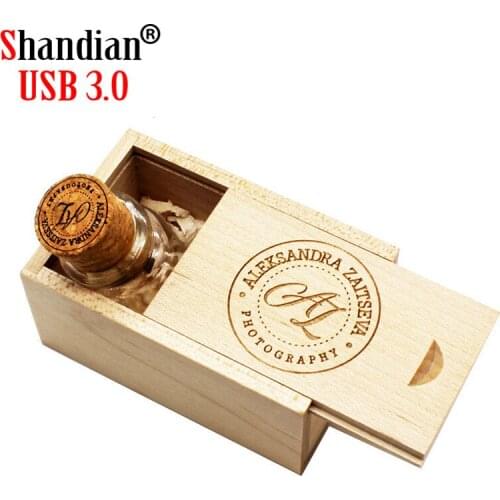 SHANDIAN USB 3.0 drifting bottle usb with wooden box USB wishing bottle cork 4GB 16GB 32GB 64G wedding gift Free custom logo