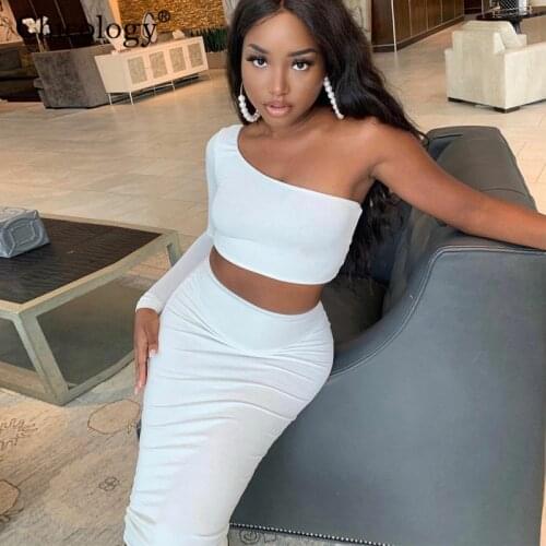 Chicology One Shoulder Fashion Two Pieces Matching Set Women Top Skirts Sexy Club 2 Pc Outfits 2020 Winter Fall Clothes Birthday
