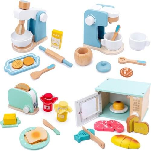 Kids Wooden Pretend Play Set Simulation Toasters Bread Maker Coffee Machine Blender Baking Kit Game Mixer Play House Toys Gifts