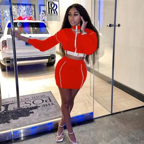 Sexy 2 Two Piece Set Women Long Sleeve Zip With Belt Crop Top+Mini Skirt Sets Summer Vacation Outfits Casual Femme Streetwear