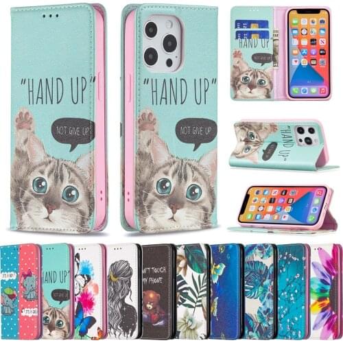 Leather Case for iPhone 13 11 Pro Max 12 Mini XR XS SE 2020 7 8 Plus Magnetic Flip Wallet Cover Cute Painted Flower Cards Fundas