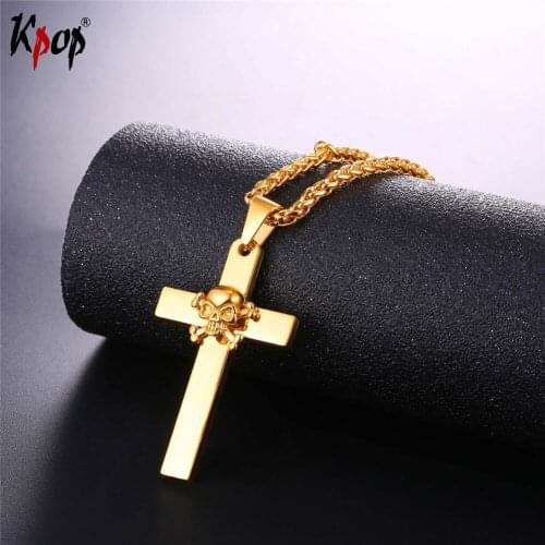 Kpop Stainless Steel Skull/Skeleton & Cross Pendents Gold Color Concise Necklace For Women Men Jewelry Wholesale Necklaces P2560