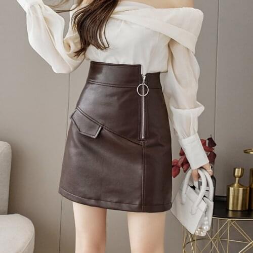 Zippers Pu Leather Mini Korean Fashion High-Waisted Vintage Spring Autumn Summer WomenS Clothing Skirts Vetement Femme 2021