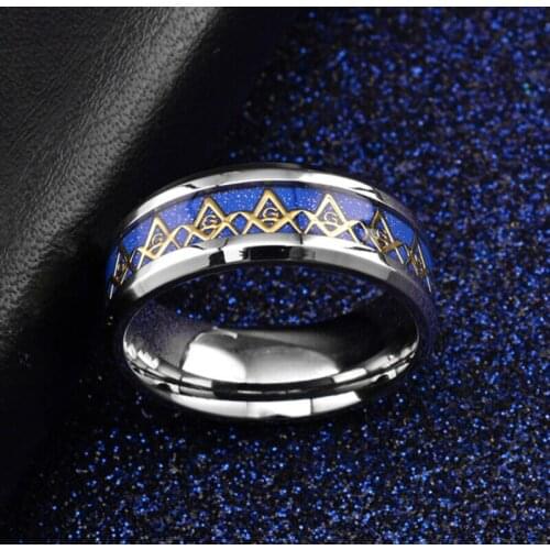 Fashionable mens steel Masonic patch RING 8MM stainless steel blue / Black romantic engagement ring size 6-12