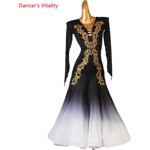 Ballroom Dance Dress Deep V-Neck Diamond-Studded Long Skirt Mesh Sleeves High-End Custom Female Adult Child Performance Clothing
