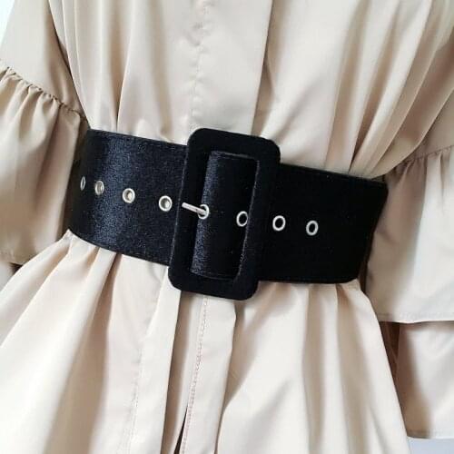 New Design Wide Belt Female Dress Belts Decorate Waistband Fashion Silver Pin Buckle Velvet Belt Party Belt Black Flannel Women