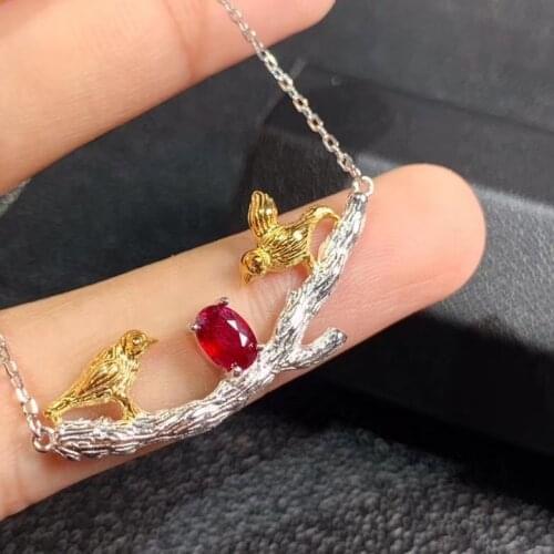 Romantic double bird branch Natural red ruby Necklace natural gemstone Pendant Necklace S925 silver girl wedding gift Jewelry