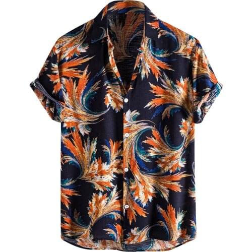 Mens Shirts Summer Vintage Printed Hawaiian Flower Shirt Casual Short Sleeve Turn-Down Collar Beach Shirt Blouse Men Clothing