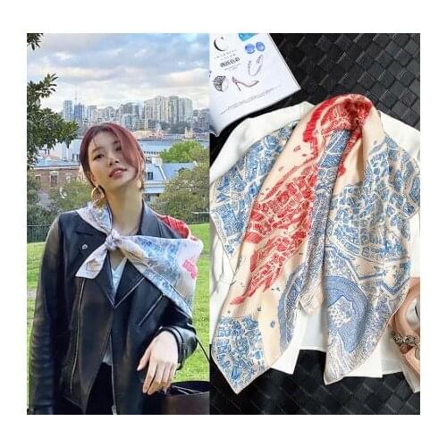 90CM Manual Hand Rolled Twill Silk Scarf Women Horse City Square Scarves Echarpes Foulards Femme Wrap Lady Bandana Hijab