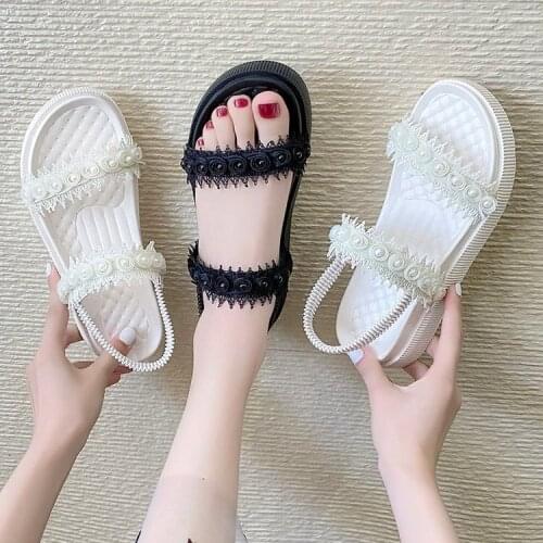 Wedge Sandals Womens Summer Thick-Soled Summer New One-Word Strap Beach Shoes Student Shoes Womens Shoes