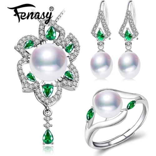 FENASY 925 Sterling Silver Emerald Jewelry Sets Natural Pearl Stud Earrings Luxury Big Pendant Necklace Women Green Stones Ring