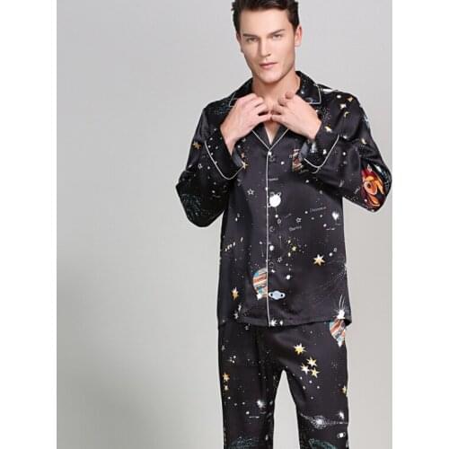 Falaishuka Silk Pajamas Summer Long Sleeve Silkworm Silk Home Wear Two-Piece Suit Mens Spring and Autumn T9020