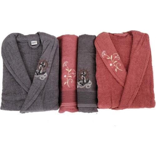 Scar Embroidered 100 Cotton 4 Piece Bathrobes Set Smoked Color Rose