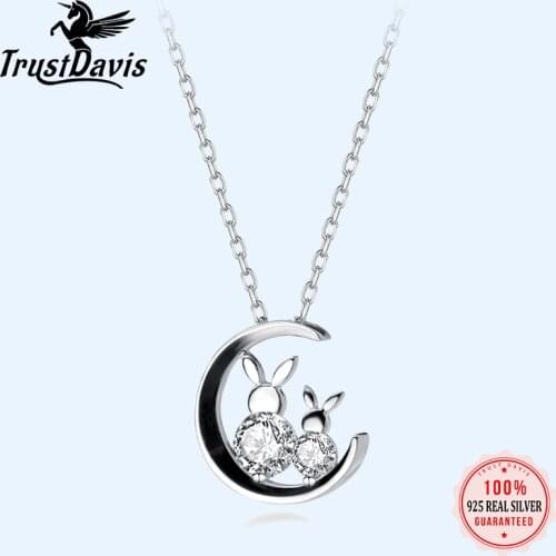 Trustdavis 925 Sterling Silver Sparkling Moon Rabbit Pendant Necklace Clear CZ Women Pendants Necklaces Silver 925 Jewelry DA407