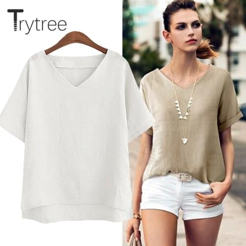 Trytree Summer top Women t Shirt Casual Linen Breathable Shirt Solid Tops clothes V-Neck Casual Cotton Polyester Light tshirt
