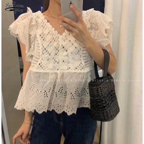 Office Floral Hollow Out V Neck Shirts Women Summer 2021 Korea Lace Embroidery Stitching Women Blouse Short Sleeve Blusas 14455