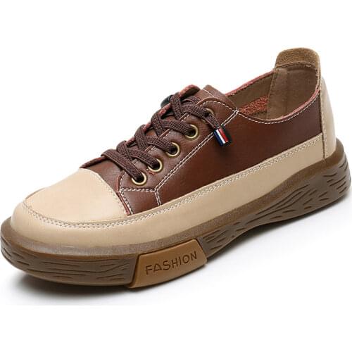 NEW Genuine Leather Womens Casual High Quality Designer Cowhide Sport Walking Running Shoes Spring Brown Lady Flats Sneakers