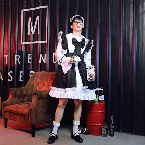 Women Men Gothic Maid Outfit Black Red Bow Knot Long Sleeve Dress Headband Apron Lolita Dresses Set Unisex Anime Cosplay Costume