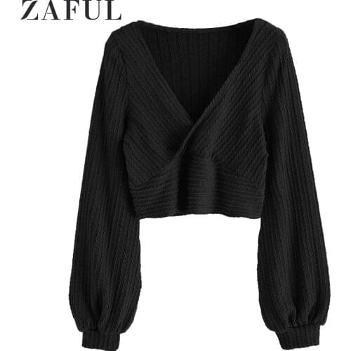 ZAFUL Cropped Sweater Women V Neck Sexy Long Sleeve Knitted Tops Pullover Autumn Winter Casual Jumpers Female Knitwear Outfit