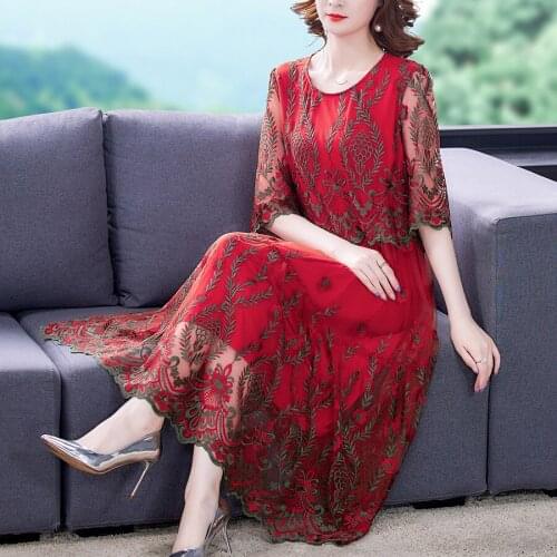 Summer Women Clothing Embroidery Red Yellow Long Dress , Woman Clothes Middle Length Ruffled 4xl 5xl Dresses