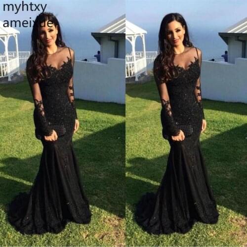 New Arrival Black Muslim Plus Size Evening Dresses Long 2020 Mermaid Sleeves Party Dress Dubai Arabic Formal Gown Robe De Soiree