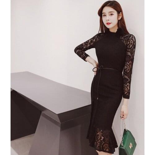 2021 Spring O Neck Long Sleeve Womens Dress Office Ladies Bandage Bodycon Sexy Party Dress Vintage Lace Mermaid Dresses Vestidos