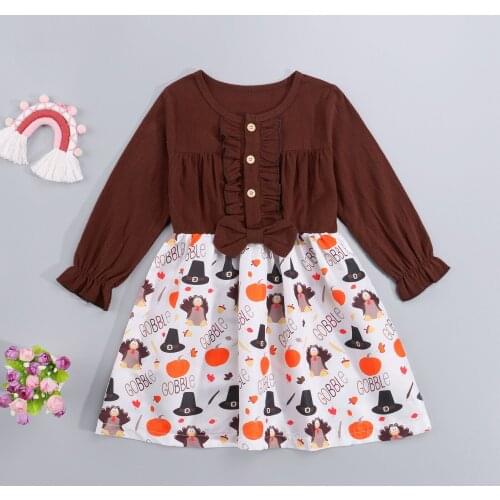 2021 Baby Thanksgiving Long Sleeve Dress Cartoon Pattern Bow Decorative Ruffle Button Fashion Stitching Clothes