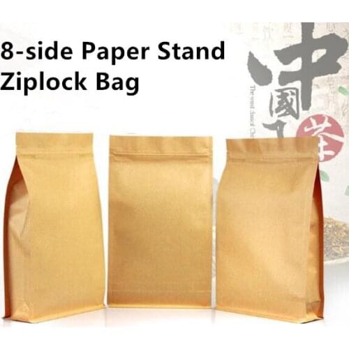 Free Shipping 50pcs/lot 8-side Kraft Paper Ziplock Bag Large Capacity Stand Up Bag Dry Food Biscuit Packaging Bag