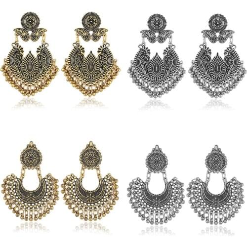 Bohemian retro round water drop earrings metal carving flower exquisite womens ethnicity earrings clothing accessories