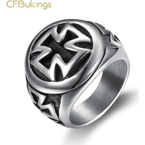CFBulongs Retro Stainless Steel Mens Ring Cool Fashion Cross Amulet Black Oil Painting Jewelry