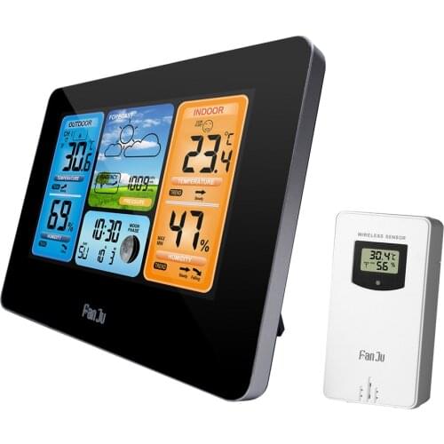 FJ3373 Wall Desk Alarm Clock Weather Station Digital Thermometer Hygrometer Wireless Sensor Forecast Temperature Watch