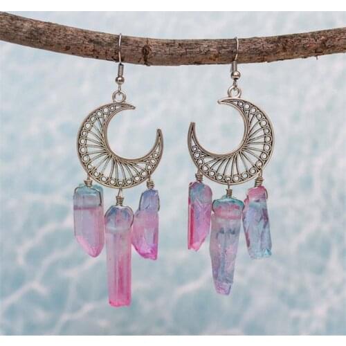 2021Hot Sale New Witchy Rainbow Quartz Crystal Earrings,Dangle Earrings With Crescent Moon,Gift For Witchy Moon Phase Jewelry