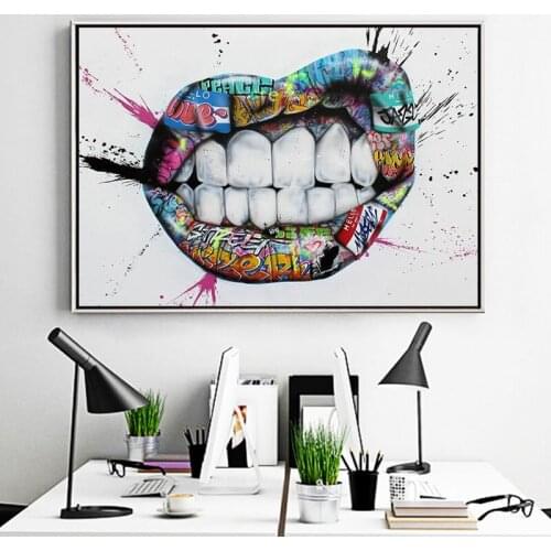 Show Teeth Lips Street Graffiti Art Canvas Printings Painting Kiss Posters and Prints Wall Art Picture for Home Bedroom Decor