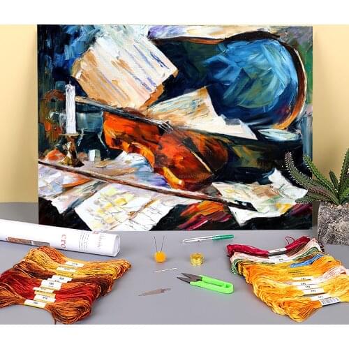 Oil Painting Style Violin Printed 11CT Cross-Stitch Patterns Embroidery DMC Threads Knitting Handicraft Handiwork Stamped