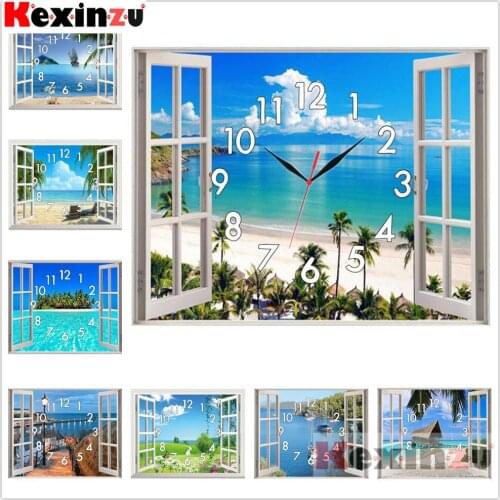 Kexinzu Full Diamond Painting Cross Stitch With Clock Mechanism Mosaic 5D Diy Square Round Window Scenery 3d Embroidery Gift