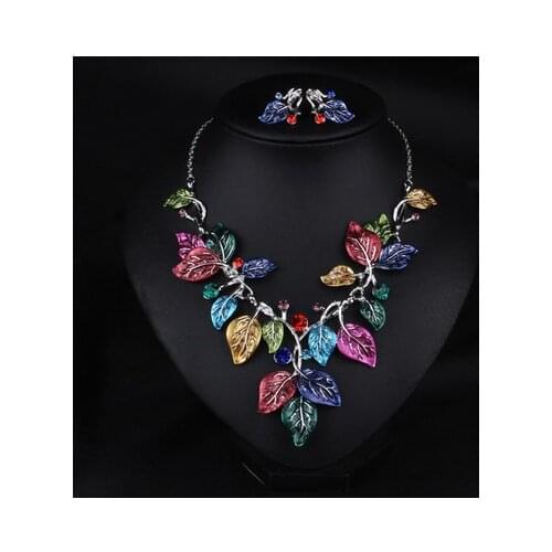 Enamel Jewelry Set Women Necklaces and Earrings Fashion Party Punk Silver Crystal Leaf Jewelry Sets juego Collar Y Pendientes