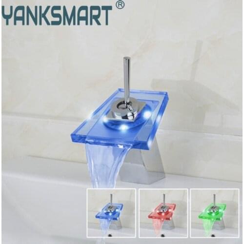 YANKSMART Basin Sink Battery Power Torneira LED Light Waterfall Deck Mounted Single Handle 8007 Chrome Bathroom Faucet Mixers