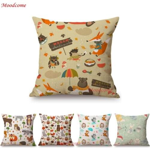 Cute Baby Nursery Art Woodland Aniamls Fox Owl Bunny Hedgehog Kid Room Decoration Sofa Throw Pillow Case Linen Cushion Cover