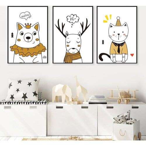 Cartoon Forest Deer Rabbit Cat Nordic Posters Prints Wall Art Canvas Painting Nursery Wall Pictures Baby Girl Boy Room Decor